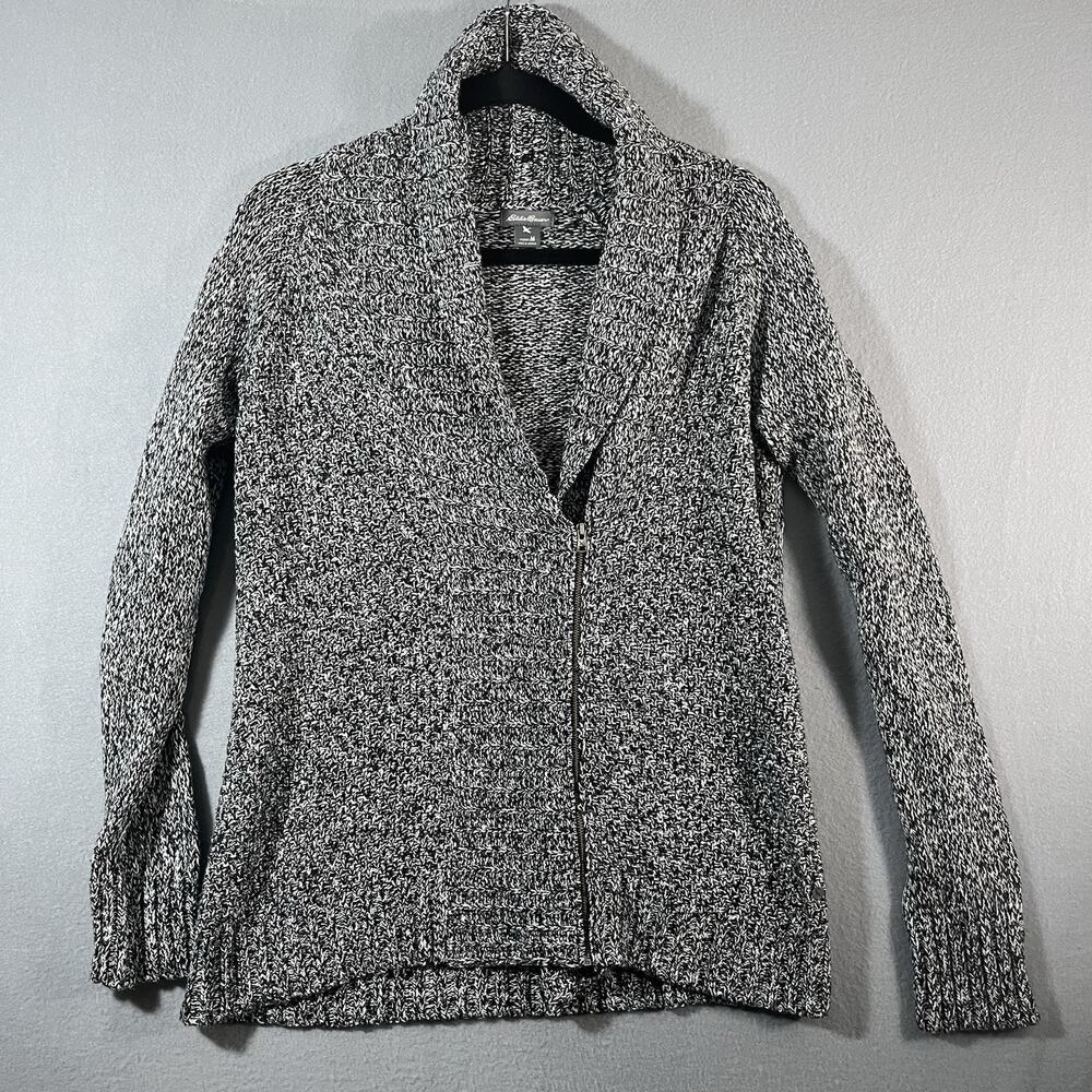 Eddie Bauer Sweater Womens Medium Gray Cotton Full Zip Cardigan Cowl Neck